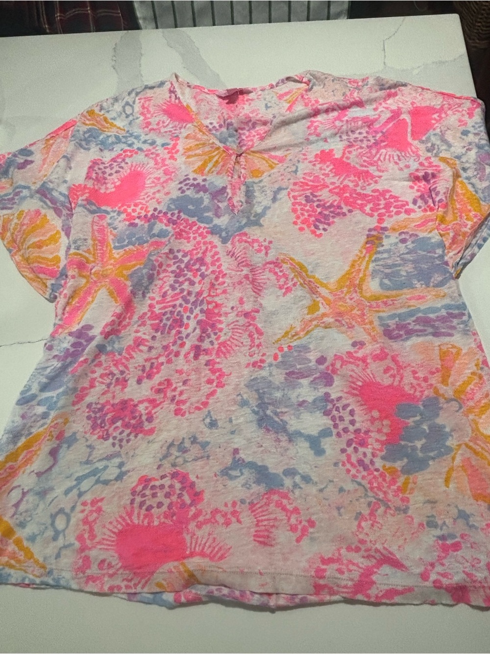 Lilly Pulitzer Short Sleeve V-Neck Top - Pink, Yellow & Lavender Coral Print